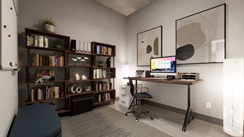 A room with a desk, chair, and bookshelf.